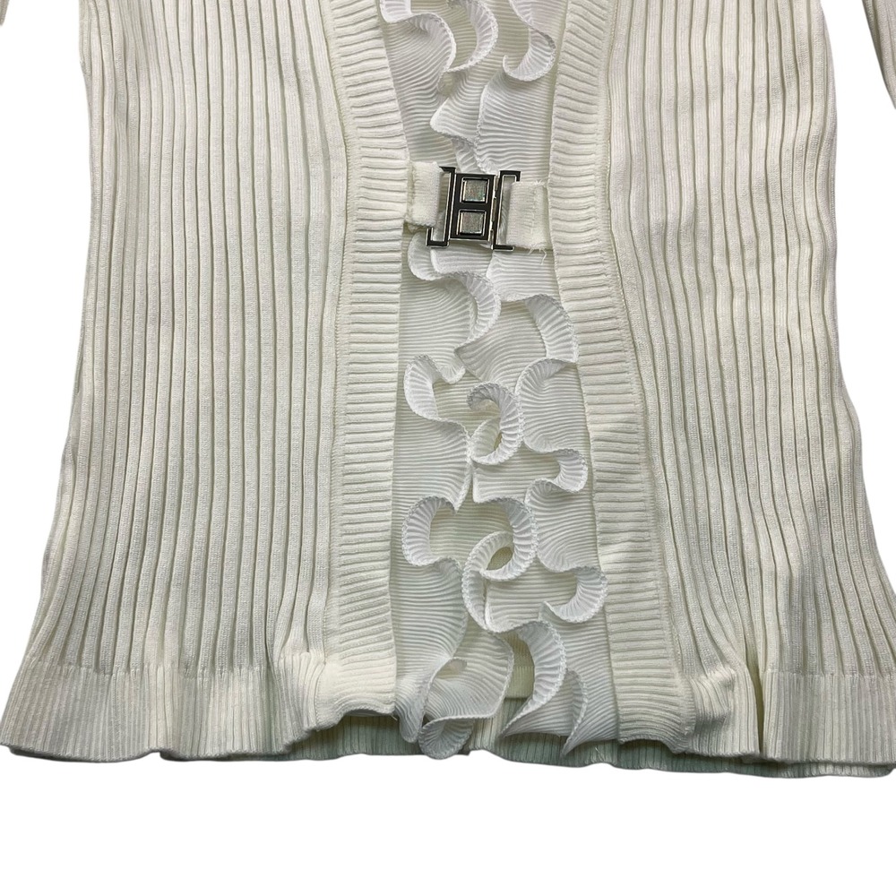 Alison Sheri Cream Ribbed Knit Ruffle Cardigan Sweater Women's XL Elegant‎ - Picture 5 of 10